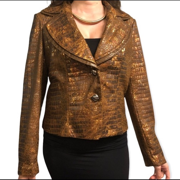 Christina Jackets & Blazers - CHRISTINA Women’s Brown Metallic Embossed Jacket with shades of Copper SZ: Large